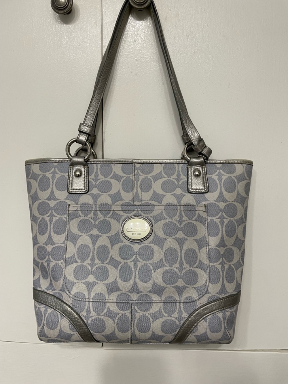 Coach light blue gray Signature Tote with Metallic Trim